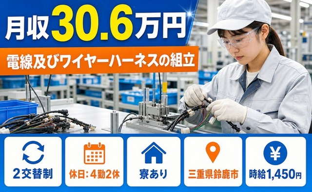 住まいも仕事も鈴鹿市で◆電線及びワイヤーハーネスの組立｜寮完備・月収例30.6万円の詳細画像