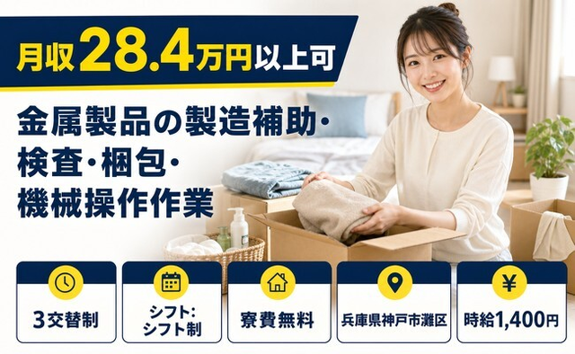 【寮費補助あり】神戸市灘区で金属製品の製造補助・検査・梱包・機械操作作業｜3交替制の詳細画像
