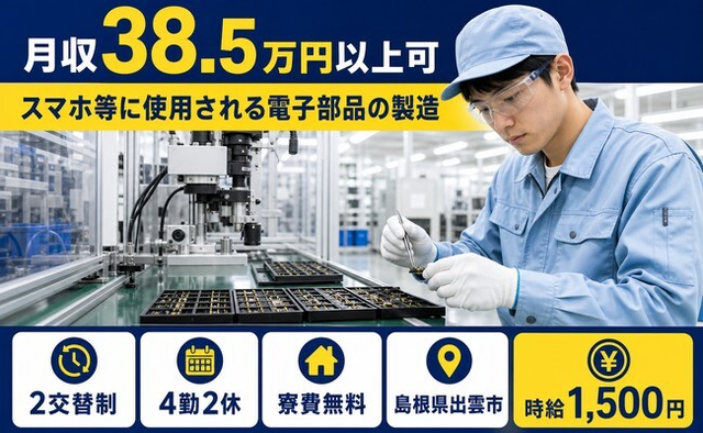 出雲市×寮費無料◆スマホ等に使用される電子部品の製造／月収例38.5万円の詳細画像