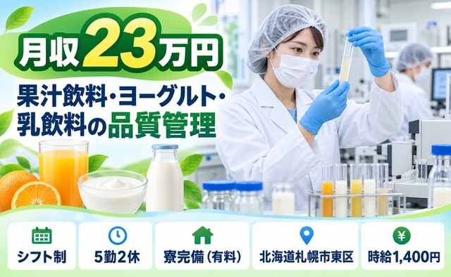 【寮完備】札幌市東区で乳飲料製品の品質の管理のお仕事｜土日祝休みの詳細画像