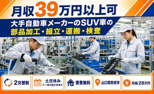 防府市×寮費無料◆自動車部品の加工・組立・運搬・検査／月給28万円・土日休みの詳細画像
