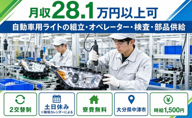 自動車用ライトの組立・オペレーター・検査・部品供給（大分県中津市）寮費無料で土日休みの詳細画像
