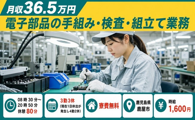 鹿屋市へ引っ越して電子部品の手組みの検査・組立て業務◎寮費無料・3勤3休の詳細画像