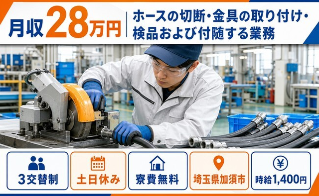 【寮費無料】加須市でホースの切断・金具の取り付けの検品および付随する業務｜3交替制の詳細画像