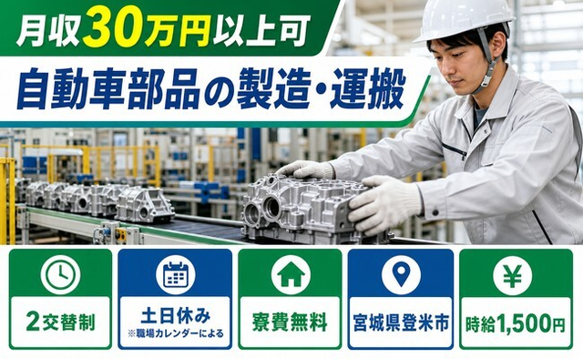 自動車部品の製造・運搬（宮城県登米市）寮費無料で土日休み・月収例30万円の詳細画像