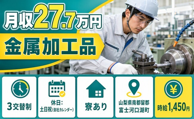 【寮完備】富士河口湖町で金属の加工品｜土日祝休み・未経験OK・車通勤OKの詳細画像
