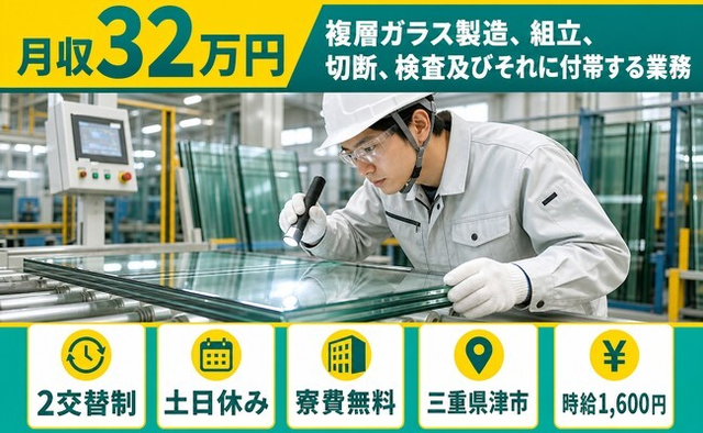 複層ガラスの製造、組立、切断、検査及びそれに付帯する業務（三重県津市）寮費無料で土日休みの詳細画像