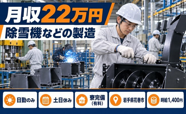 除雪機等の製造（組立・プレス・溶接・塗装等）（岩手県花巻市）寮完備で時給1,400円の詳細画像
