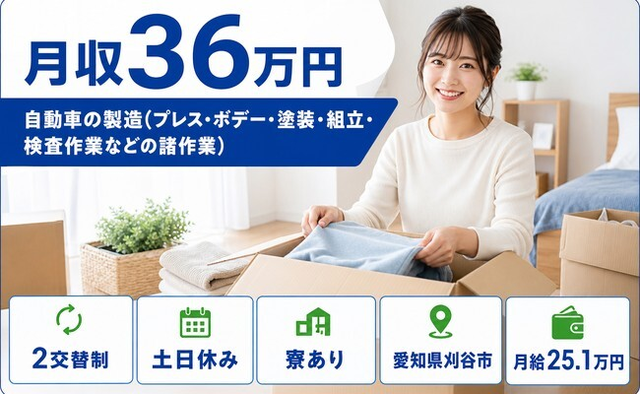 刈谷市へ引っ越して自動車の仕上げ加工◎寮費補助あり・土日休み・月収例36万円の詳細画像