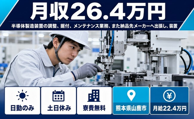 熊本県山鹿市の寮費補助あり求人！半導体の設備の点検・メンテナンス・土日休み・日勤のみの詳細画像
