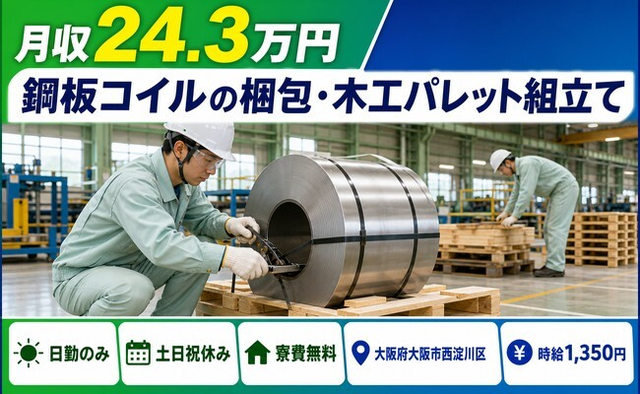 大阪市西淀川区×寮完備◆鋼板コイルの梱包・木工パレット組立て／土日祝休みの詳細画像
