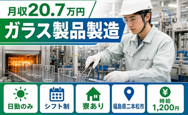 福島県二本松市の寮完備求人！ガラス製品の製造・日勤専属・日勤のみの詳細画像