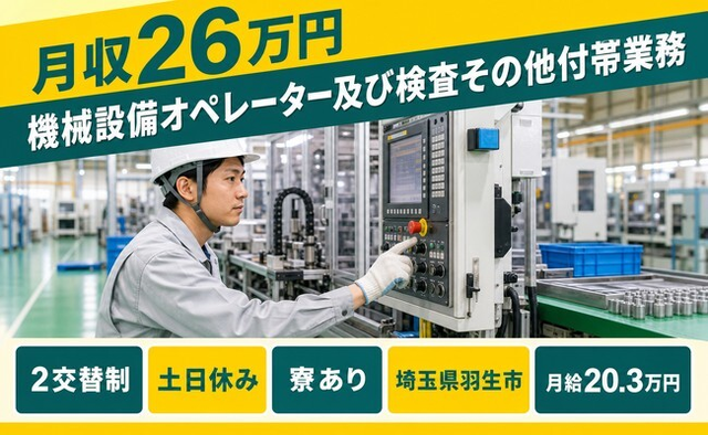 機械設備のオペレーター及び検査その他付帯業務（埼玉県羽生市）寮完備で土日休みの詳細画像