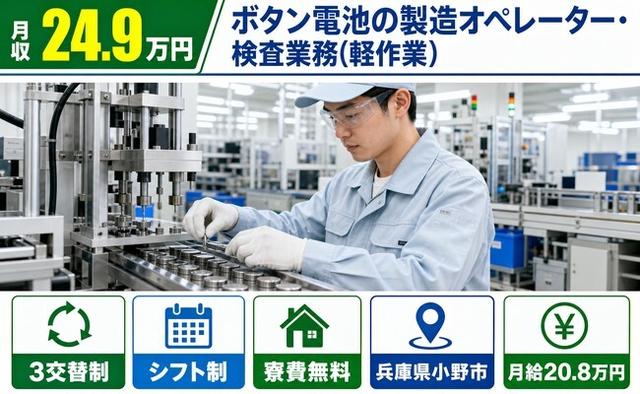 小野市×寮費補助あり◆ボタン電池の製造オペレーター・検査業務（軽作業）／月給20.8万円の詳細画像