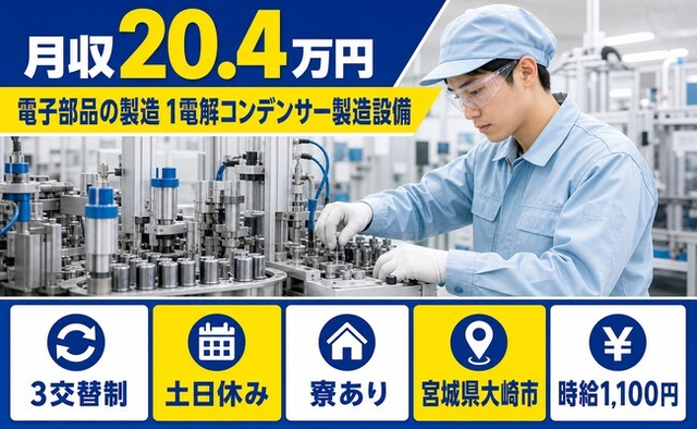 大崎市×寮完備◆電子部品の製造 ①電解コンデンサー製造設備／時給1,100円の詳細画像