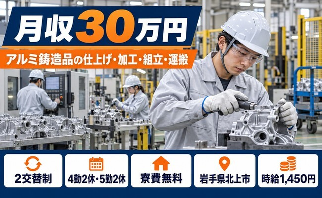 北上市×寮費無料◆アルミの組立／月収例30万円・未経験OK・車通勤OKの詳細画像