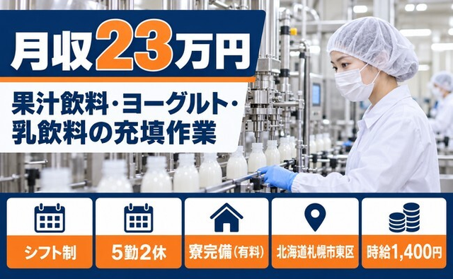札幌市東区×寮完備◆果汁飲料、ヨーグルト、乳飲料の充填作業／土日祝休み・日勤のみの詳細画像