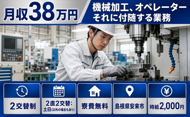 機械の加工、オペレーターそれに付随する業務（島根県安来市）寮費無料で土日休みの詳細画像