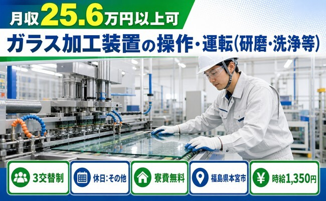 【寮費無料】本宮市でガラスの加工装置の操作・運転（研磨・洗浄等）｜時給1,350円の詳細画像